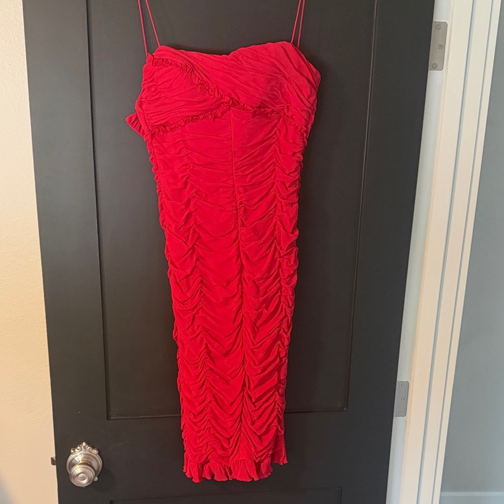 Cache Strapless Red Ruched Dress